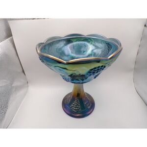 Vintage Carnival Glass Pedestal Compote Bowl Iridescent‎ Blue Grape Leaf Design
